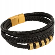 Bransolety męskie - ZŁOTA BRANSOLETKA MĘSKA SKÓRZANA POCZWÓRNA NIERDZEWNA STAL CHIRURGICZNA - miniaturka - grafika 1