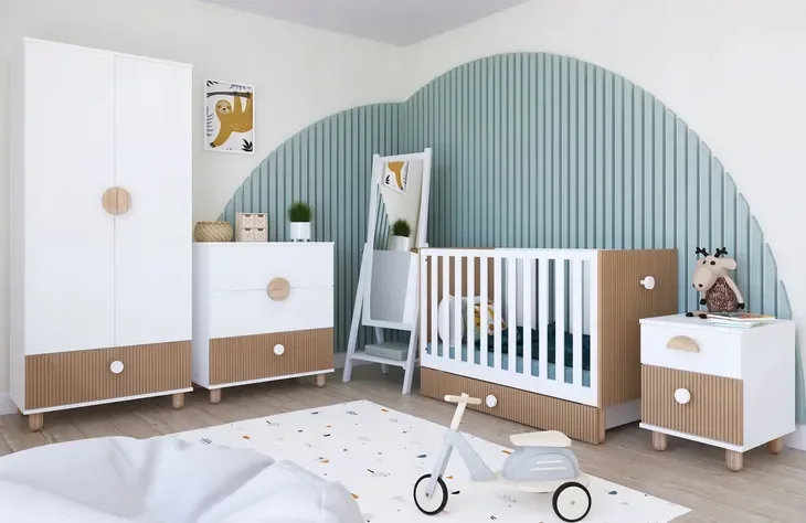 Biały zestaw LOFT 4el. Szafa Komoda Szafka nocna Łóżeczko 2w1 120x60 sz