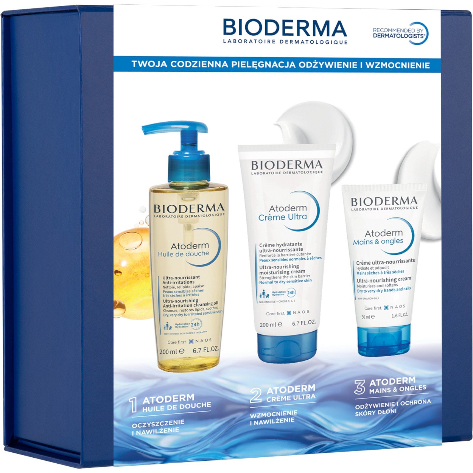 Bioderma zestaw Atoderm: Olejek do mycia 200ml + Krem do ciała 200ml + Krem do rąk 50ml