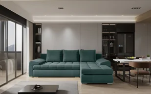Sofa w kształcie L TOMI narożnik, tkanina Castel, wiele kolorów Lazurowy Prawostronny - Narożniki - miniaturka - grafika 1