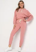 Spodnie sportowe damskie - Różowy Komplet Dresowy z Bawełną Krótka Bluza z Kapturem i Spodnie z Gumką w Pasie Gesaria - miniaturka - grafika 1