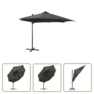 The Living Store Parasol wiszący z lampkami LED i słupkiem - antracytowy - 300 cm - Parasol Wiszący - Parasole ogrodowe - miniaturka - grafika 1