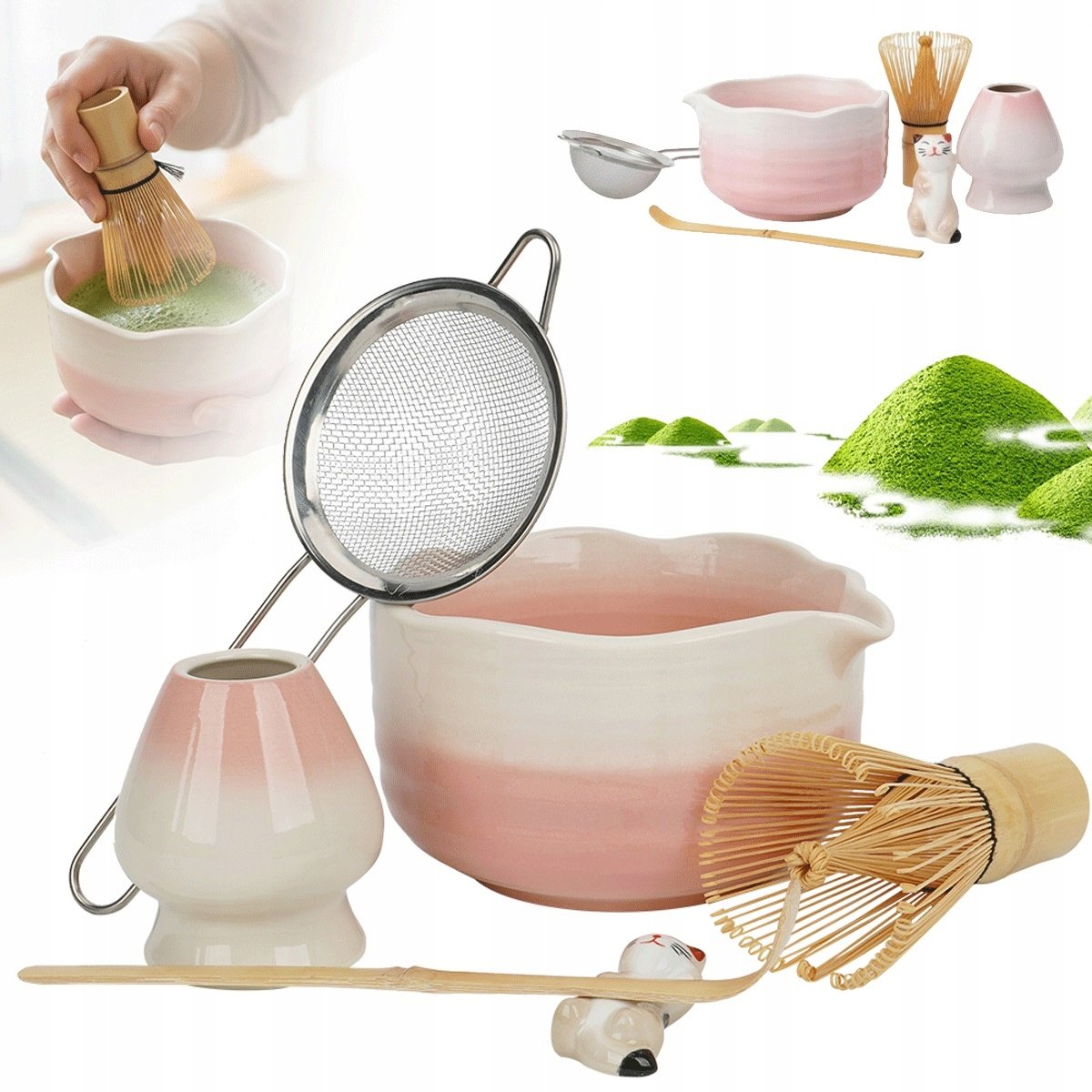 Ceramiczny Komplet Do Matcha Różowy Z Akcesoriami Bambusowymi