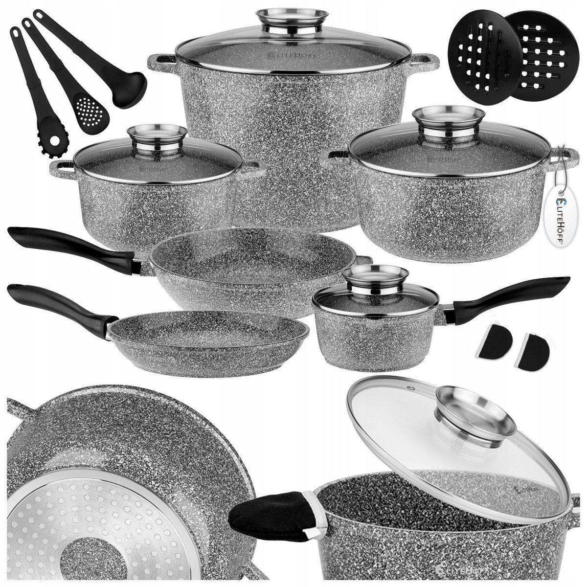 KOMPLET GARNKÓW MARMUROWYCH ZESTAW GARNKI INDUKCJA / GAZ PATELNIA RONDELEK