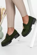 Mokasyny damskie - Zielone mokasyny skórzane damskie na niskim słupku ze złotą ozdobą PRODUKT POLSKI Casu 20153-41 - miniaturka - grafika 1