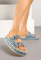 Klapki i japonki damskie - Niebieskie Klapki na Grubej Podeszwie ze Wzorem Etno Redileine - miniaturka - grafika 1