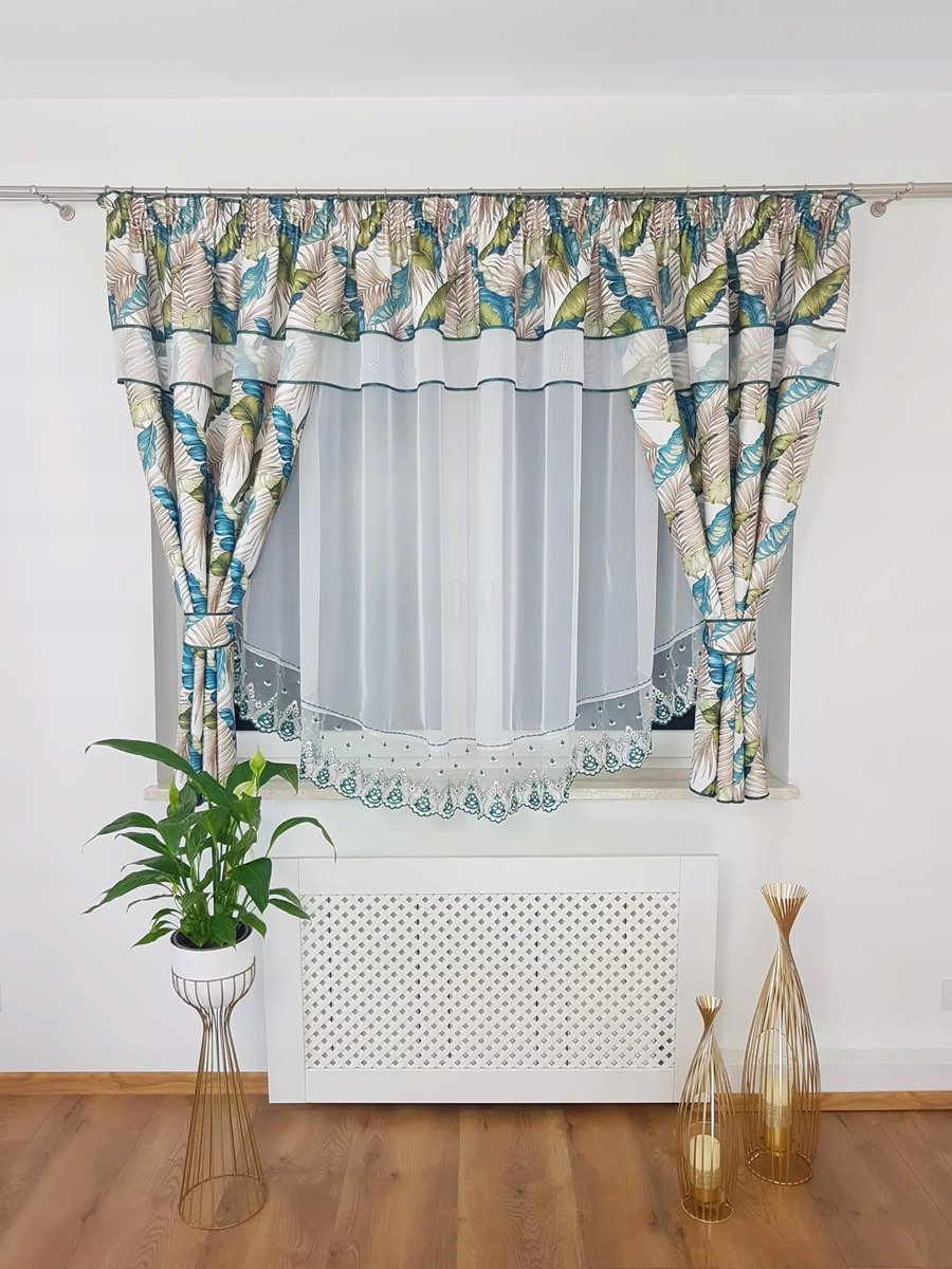 FIRANKA GOTOWA Z ZASŁONAMI I HAFTEM ZIELONE LIŚCIE FIRANKI DO KUCHNI WOAL