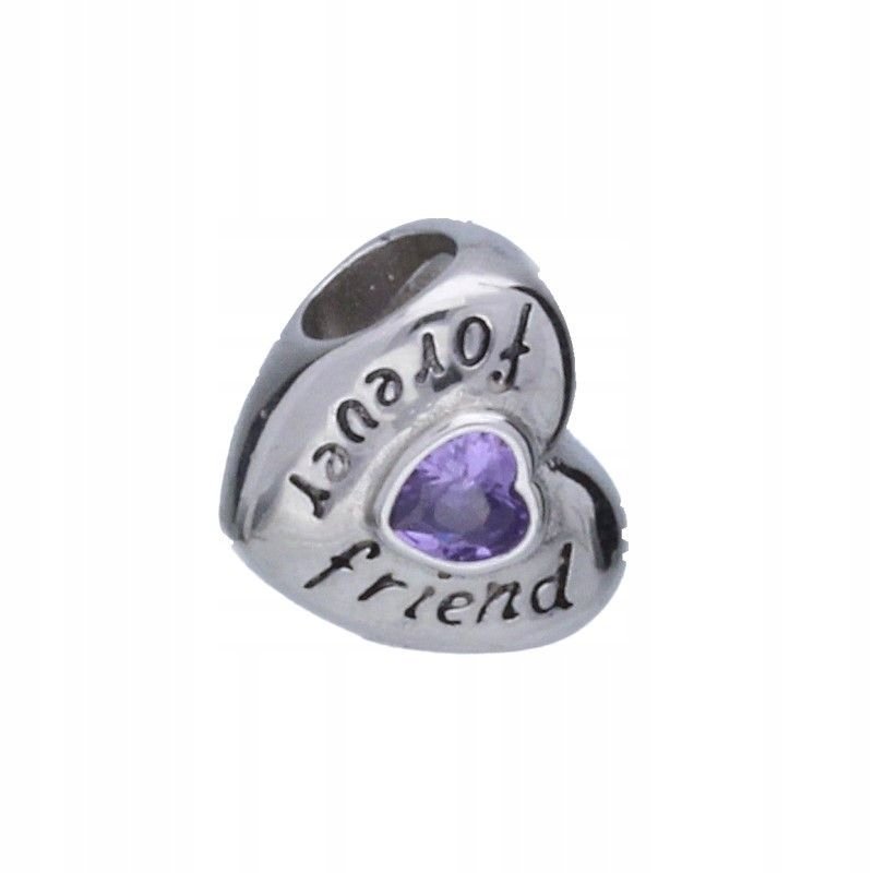 Srebrna Zawieszka Bead 925 z fioletową cyrkonią serce napis Forever Friend
