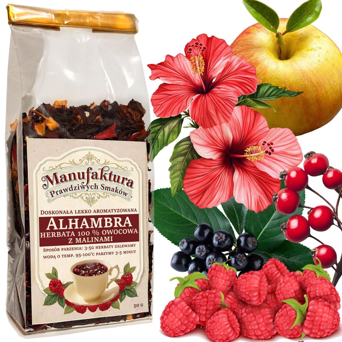HERBATA OWOCOWA ALHAMBRA 50g Z MALINAMI SKÓRKA DZIKIEJ RÓŻY ARONIA