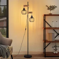 Lampy stojące - NETTLIFE Czarna lampa podłogowa do salonu, drewniana, metalowa, vintage, 2-żarówkowa, z włącznikiem, z gniazdem E27, 152 cm (bez żarówki) - miniaturka - grafika 1