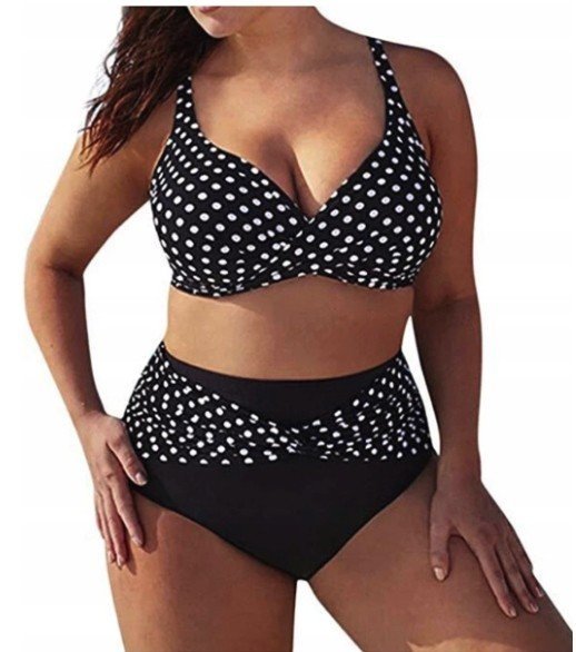 Strój Kąpielowy Plus Size Kropki Groszki Kobiecy Czarny Na Plażę Lato Xl