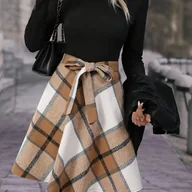 Sukienki - TEMU Elastyczna Sukienka Midi z Regulowanym Wiązaniem w Talii - Elegancki Wzór w Kratę (Biały/Zielony/Czarny/Beż) na Wiosnę/Jesień, Uniwersalna od - miniaturka - grafika 1