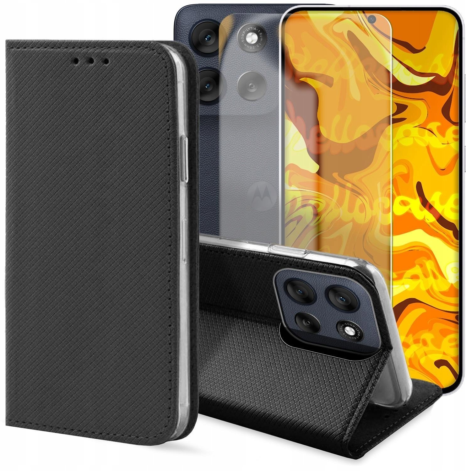 Etui z Klapką Do Motorola Moto G56 Czarne, Zamykane, Magnetyczne Szkło