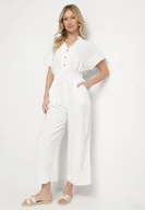 Kombinezony - Biały Kombinezon z Wiskozy z Gumką w Talii i Dekoltem w Serek z Guzikami Nisella - miniaturka - grafika 1