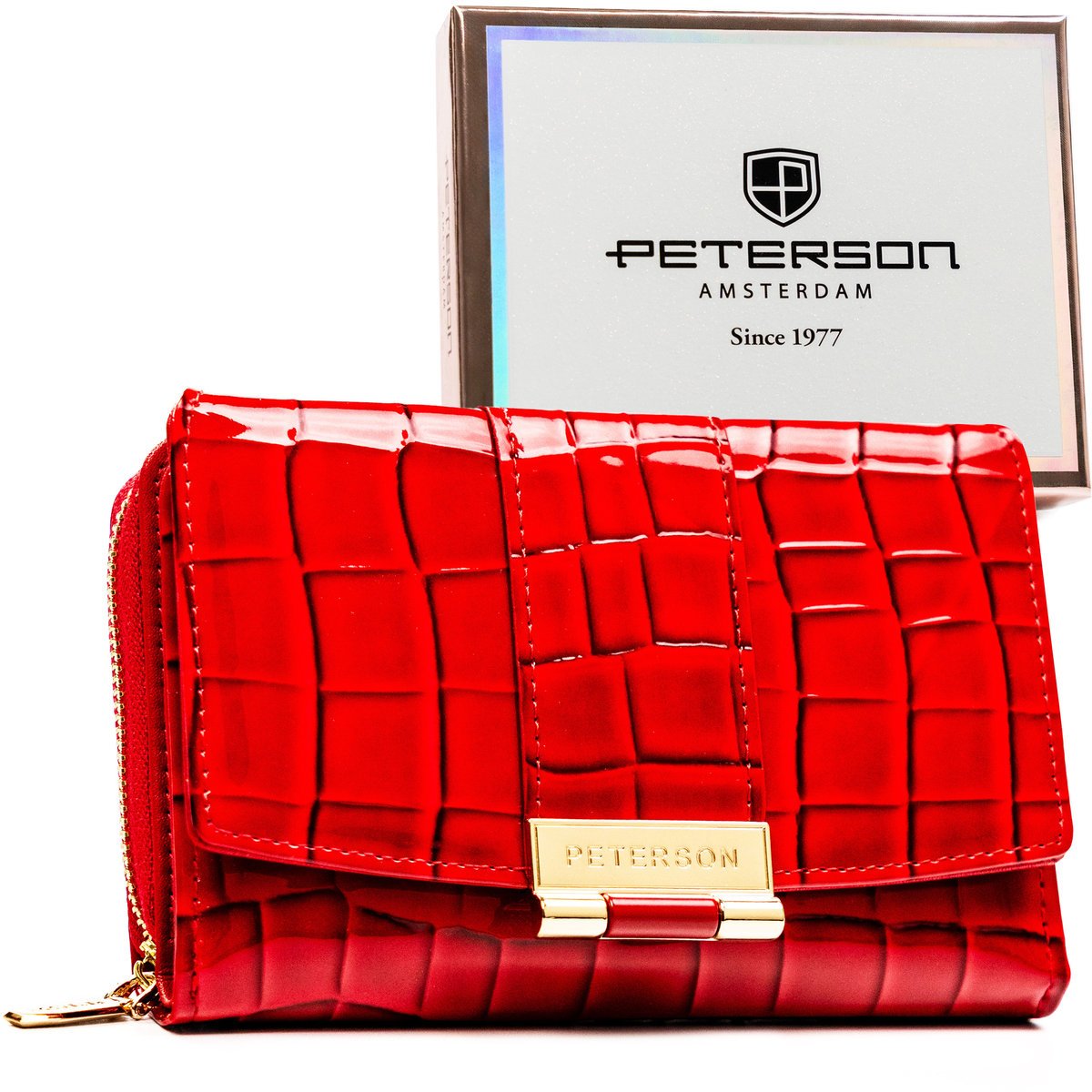 Mały portfel damski PETERSON lakierowany na zatrzask i suwak ochrona kart RFID elegancki prezent czerwony