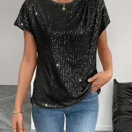 Koszule damskie - TEMU Damski Modny Kolorowy Bluzka z Cekinami, Okrągły Dekolt, Krótki Rękaw, Elegancka Koszula, Wiosenna Garderoba,Wieczorowa Bluzka,Modna - miniaturka - grafika 1