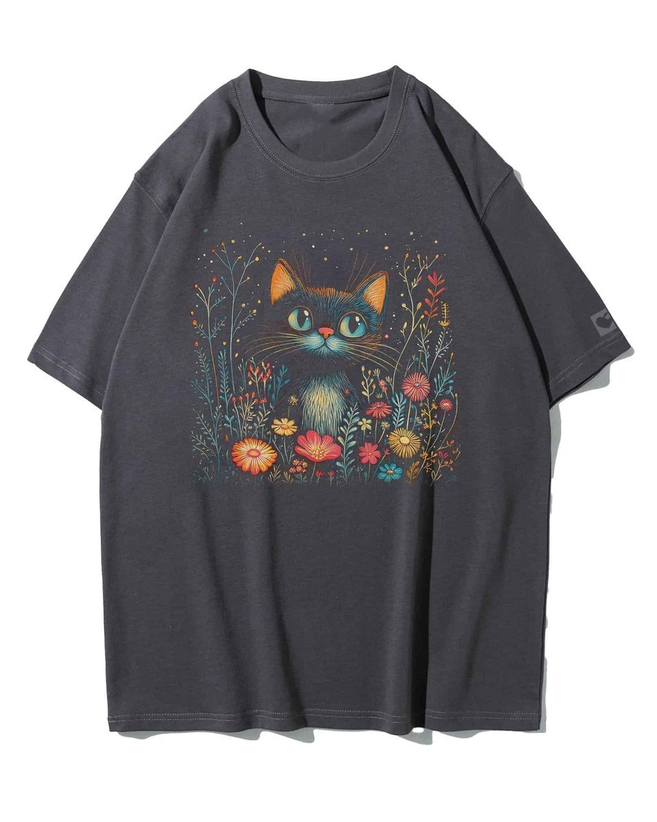 Koszulka oversize Słodki Kot w Kwiatach Artystyczny Grafitowy XL