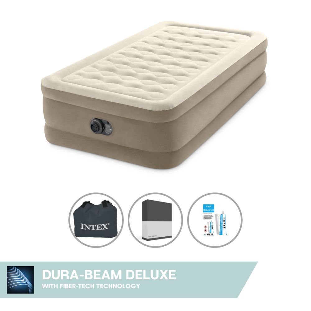 Dmuchane łóżko Intex - 1 osoba - 99 x 191 x 46 cm - Beżowe - Z wbudowaną pompką + prześcieradło czarne + zestaw naprawczy