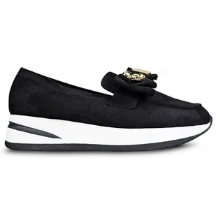 Mokasyny Zamszowe Modne Stylowe Ozdobione Wsuwane Eleganckie Skórzane Z Ekologicznej Skóry Na Niskim Koturnie Damskie Czarne Z Ozdobą Wonder 38 - Mokasyny damskie - miniaturka - grafika 1