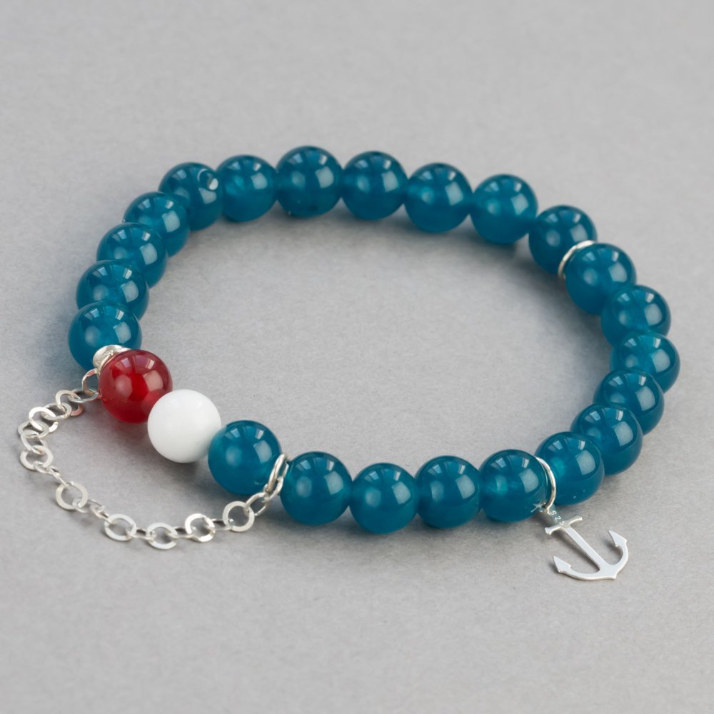 Bransoletka jadeit, zawieszka kotwica, łańcuszek, srebro 925 / JG. Projekt