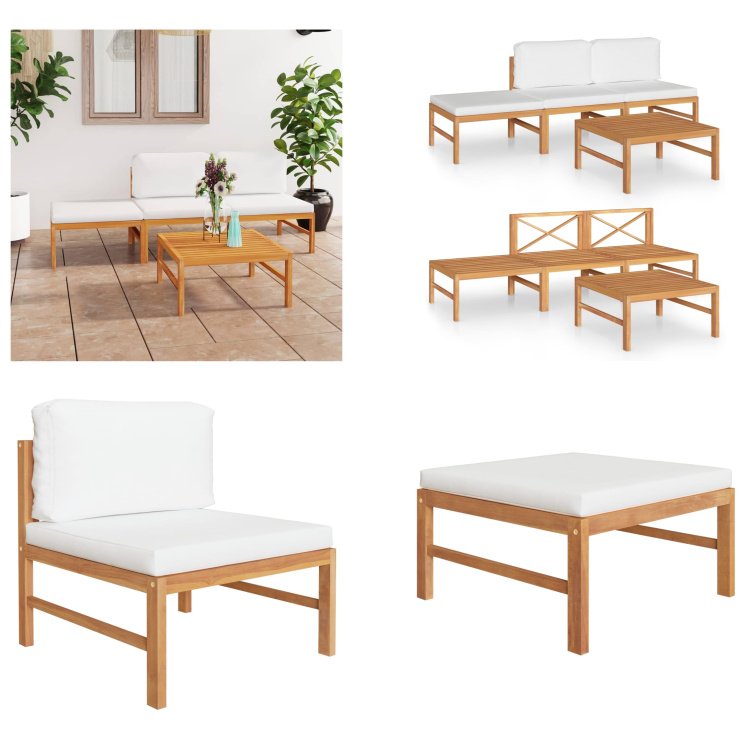 vidaXL 4-częściowy zestaw wypoczynkowy do ogrodu z kremowymi poduszkami z litego drewna tekowego - zestaw wypoczynkowy do ogrodu - zestawy wypoczynkowe do ogrodu - zestaw sof ogrodowych - zestawy sof ogrodowych