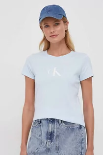 Koszulki sportowe damskie - Calvin Klein Jeans t-shirt bawełniany damski kolor niebieski - grafika 1