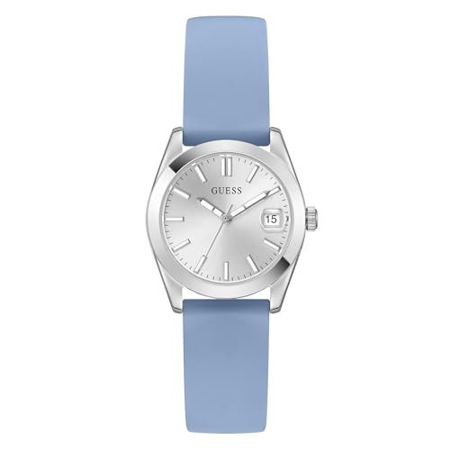 Guess Alice damski zegarek 32 mm stal nierdzewna – kwarcowy analogowy zegarek na rękę silikonowy pasek niebieski, modny zegarek damski srebrny z datą świecącymi wskazówkami, 3 bar GW1033L1