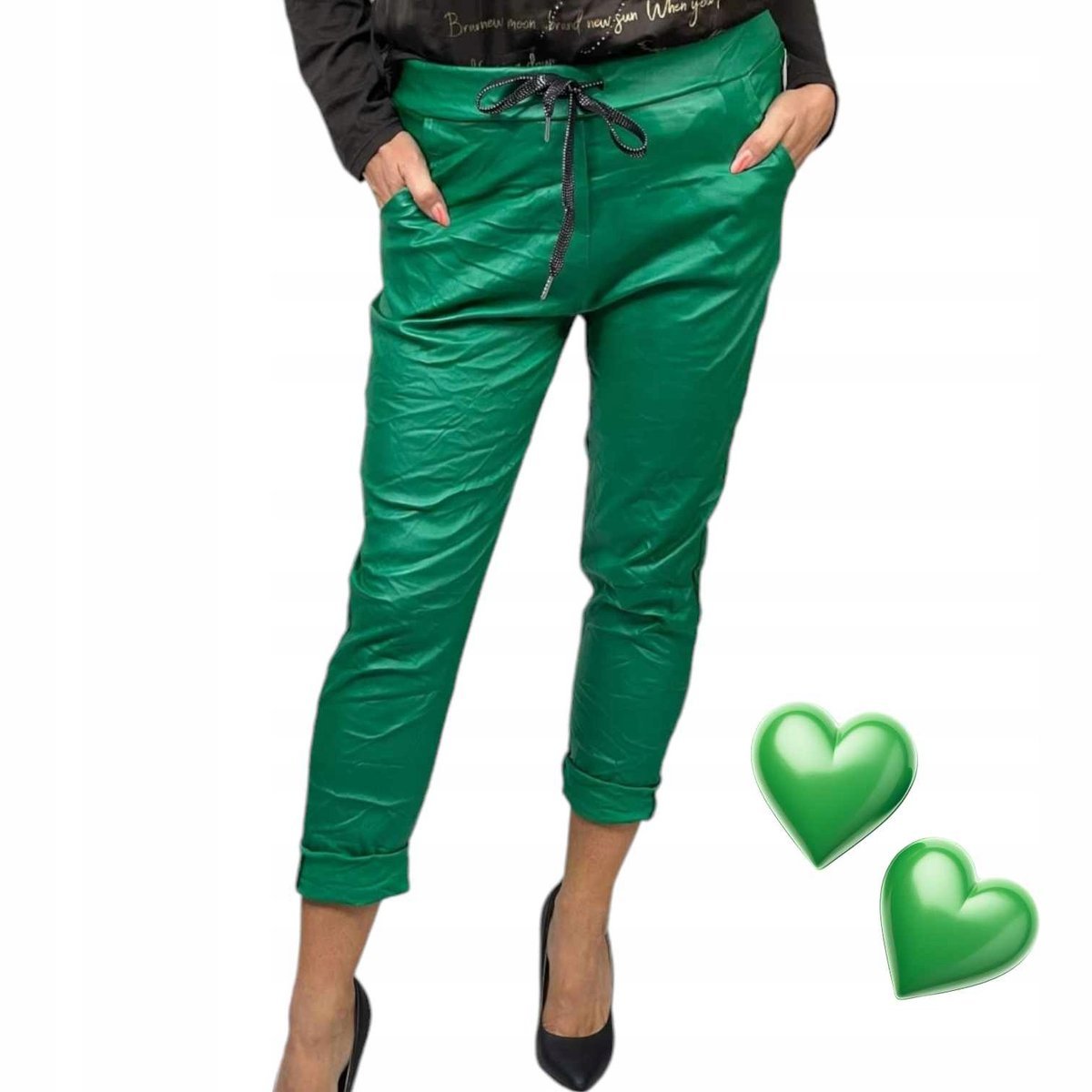 Spodnie gnieciuchy lycra ECO skóra skórki 46 48 3XL 4XL wysoki stan zielone