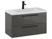 Szafki łazienkowe - Szafka Wisząca Z Umywalką RON 80 cm - Titan Wysoki Połysk - Uchwyty Czarne Matowe - miniaturka - grafika 1