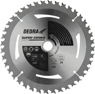 Dedra Piła tarczowa SUPER THIN do drewna 40z 165x16x1,1x1,6mm - Piły elektryczne - miniaturka - grafika 1