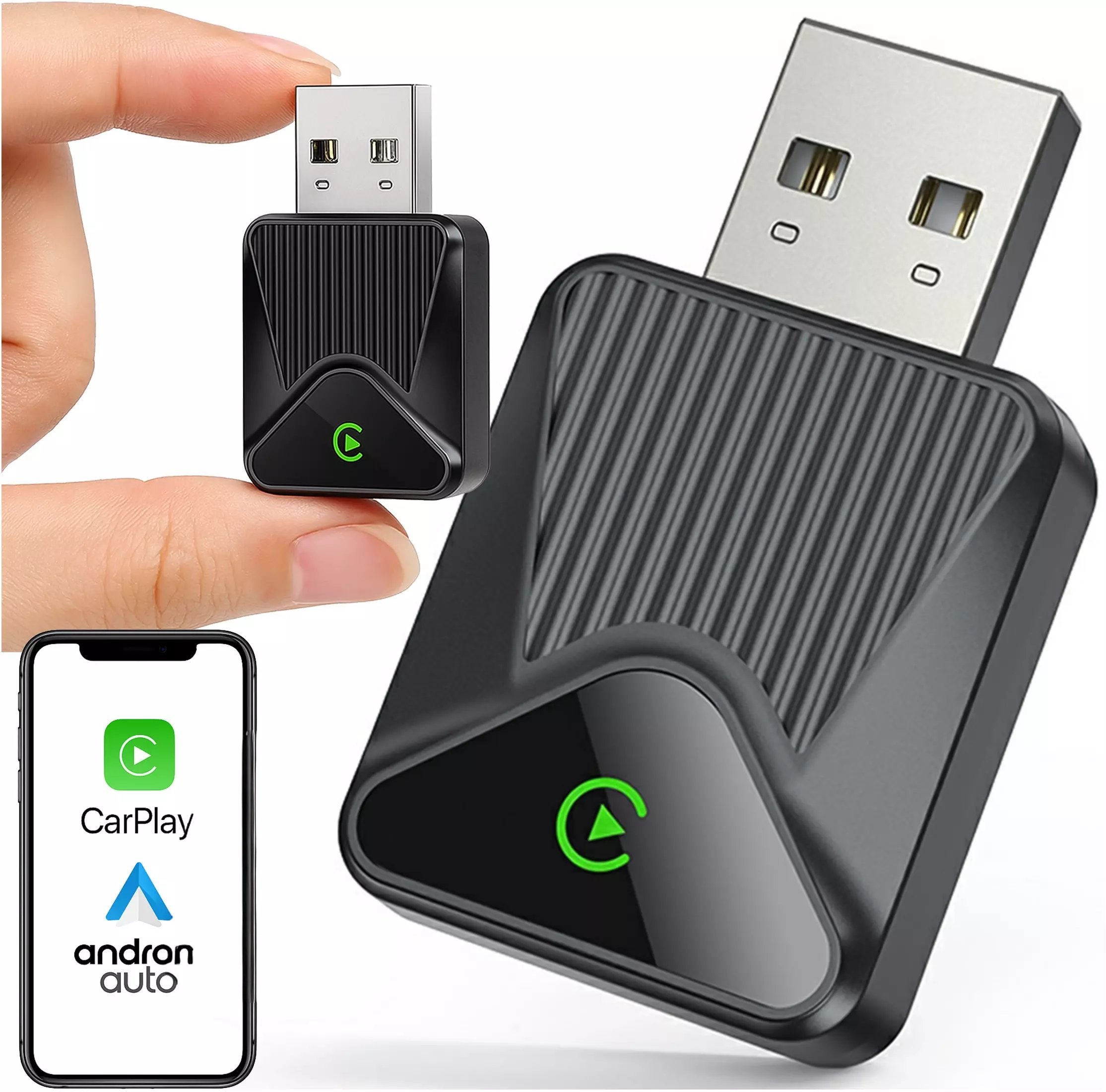 Alogy Adapter Bezprzewodowy Apple CarPlay i Android Auto do Auta, Plug & Play z Portem USB-A + Przejściówka USB-C, Szybkie Połączenie