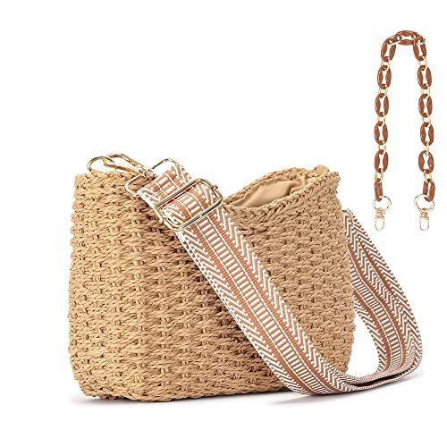 Herald Mała ręcznie robiona słomkowa kieszonkowa torba crossbody dla kobiet, letnia elegancka tkana torebka na ramię z łańcuszkiem, Kawa