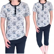 Piżamy damskie - PIŻAMA DAMSKA BAWEŁNIANA motyw kwiaty spodnie 3/4 granat koszulka szara M - miniaturka - grafika 1