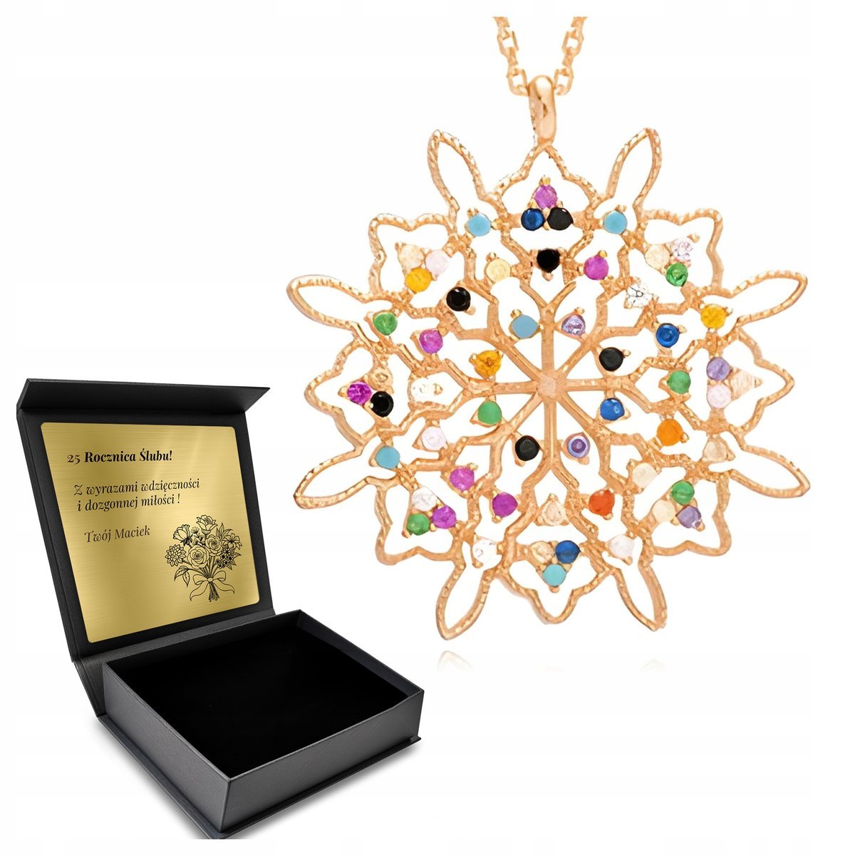 Naszyjnik Złoty Cyrkonie Biżuteria Dla Kobiety Srebrny 925 Ażurowy + Grawer