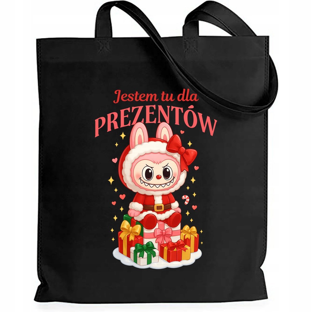 Torba Czarna Shopper JESTEM TU DLA PREZENTÓW Prezent Święta Mikołajki Wzory