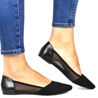 Baleriny - DAMSKIE BALERINY Z SIATKĄ PŁASKIE W SZPIC EVENTO 2015 CZARNE ZAMSZOWE - miniaturka - grafika 1