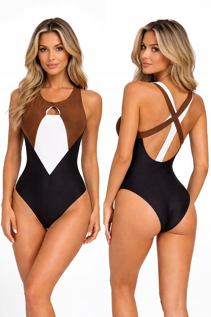 JEDNOCZĘŚCIOWY STRÓJ KĄPIELOWY DAMSKI PUSH-UP CZARNO-BRĄZOWY ELEGANCKI