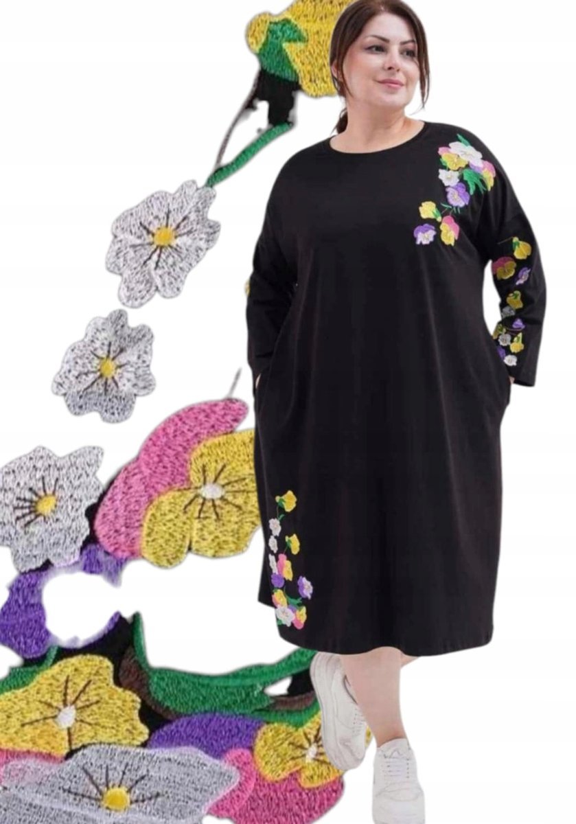 sukienka dresowa śliczna haftowane kwiaty kieszenie wygodna 58 60 9xl
