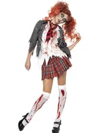 Krawaty i muchy męskie - Halloween Smiffys kostium zombie High School Horror Dziewczynka szkolna, szary, z kurtką, zintegrowaną koszulą, krawatem i spódnicą - miniaturka - grafika 1
