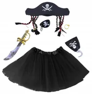 Dodatki do strojów karnawałowych - STRÓJ PIRATKA ZESTAW CZAPKA OPASKA SZABLA HAK KOLCZYK SPÓDNICZKA TUTU CZARN - miniaturka - grafika 1