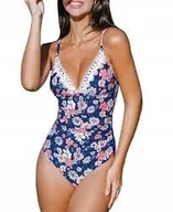 Stroje kąpielowe - Cupshe ciemnoniebieski kwiatowy koronkowy kostium modelujący brzuch - miniaturka - grafika 1