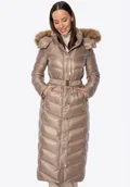 Płaszcze damskie - Pikowany damski płaszcz z naturalnym puchem beżowy - miniaturka - grafika 1