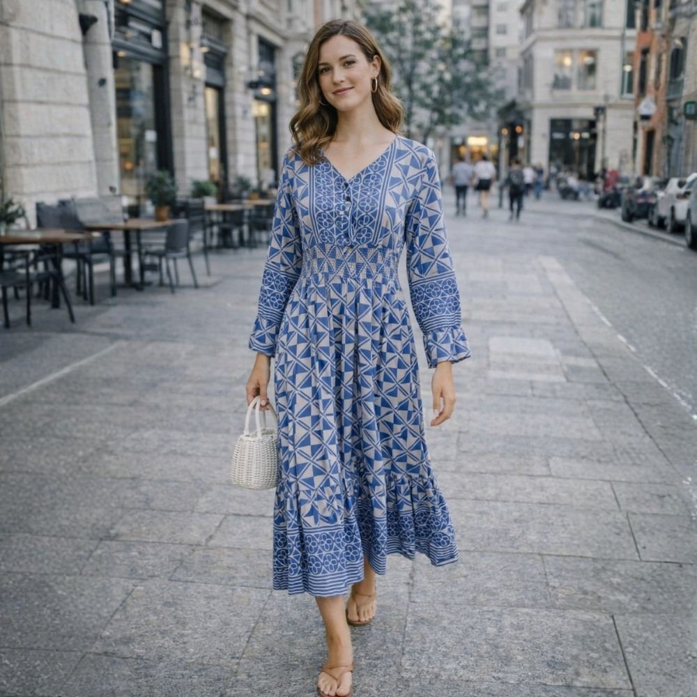 Sukienka damska Włoska Boho Midi Wzory Niebieska Włoska V-neck S