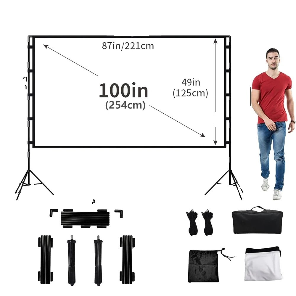 Ekran projekcyjny, 100 cali, uchwyt przenośny, format 16:9, 100 cali