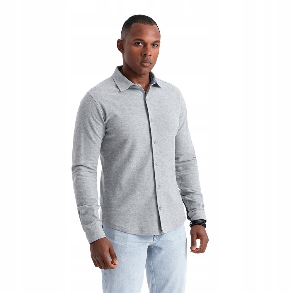 Koszula męska bawełniania szara casual slim fit Ombre OM-SHCS-0177 V5 L