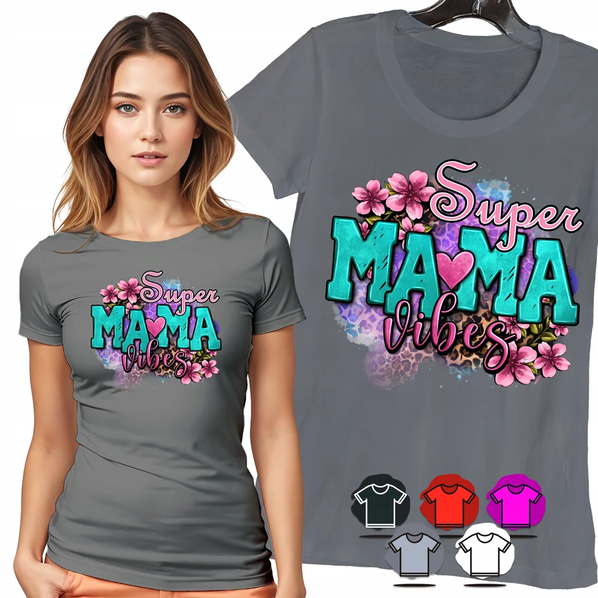 KOSZULKA DAMSKA T-SHIRT - SUPER MAMA VIBES KWIATY KOLOROWE DAMSKI WZÓR - 3X