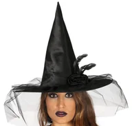 Dodatki do strojów karnawałowych - Kapelusz Czarownicy Czarny A2281CZ z woalką tiulem halloween - miniaturka - grafika 1