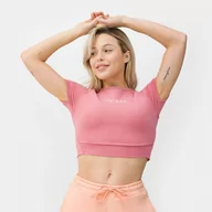 Koszulki sportowe damskie - Damski t-shirt crop top GUESS Aline Crop Top Eco - różowy - miniaturka - grafika 1