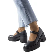 Czółenka - Czarne skórzane czółenka na słupku Karino - miniaturka - grafika 1