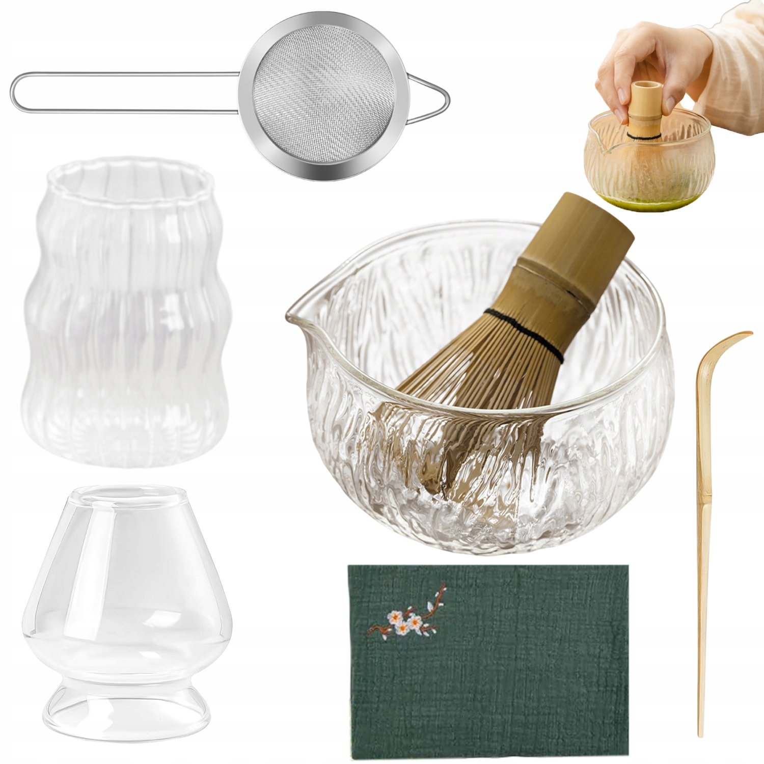 7-CZĘŚCIOWY Japoński Zestaw Do Herbaty Matcha Ze Szkła Młotkowanego